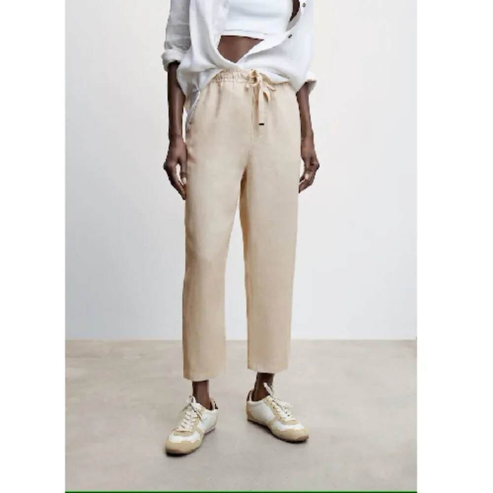 Mango MNG NWT 100% Linen Straight Pants Summer Elastic Waist Drawstring Size 1XL
